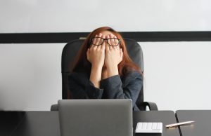 Concept,Burnout,Syndrome.,Asian,Business,Woman,Feels,Uncomfortable,Working.,Which