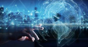 Businesswoman,On,Blurred,Background,Using,Usa,World,Map,Interface,3d